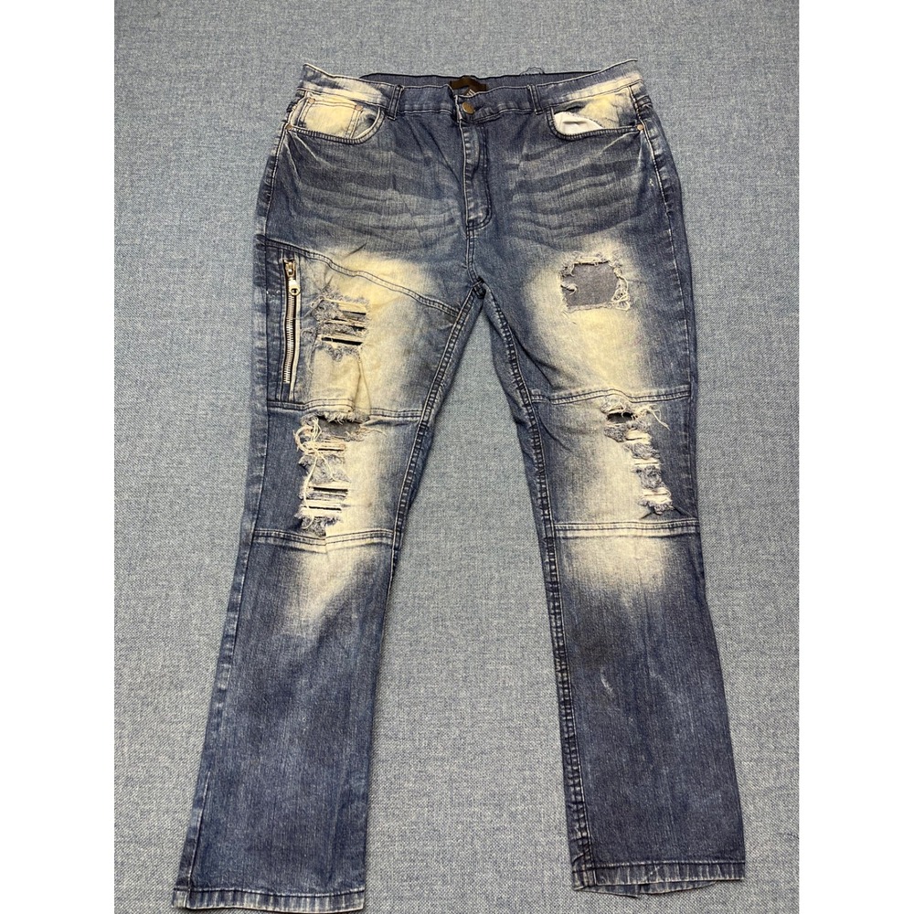 Mens Distressed Moto Jeans Blue Wash Ripped Biker Denim Size 40 Stretch